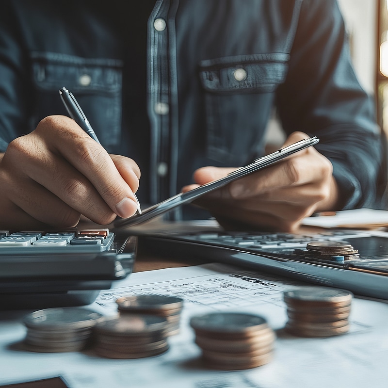 Gros plan sur les mains d'une personne calculant avec un stylo, une calculatrice, des pièces empilées et des documents, suggérant la gestion financière ou la comptabilité.