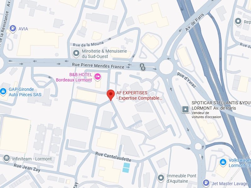 Carte localisant AF EXPERTISES - Expertise Comptable près du B&B HOTEL Bordeaux Lormont, Rue Pierre Mendès France, Lormont.